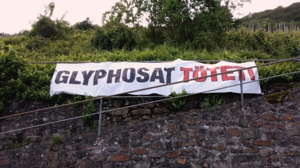 Banner mit Aufdruck Glyphosat tötet