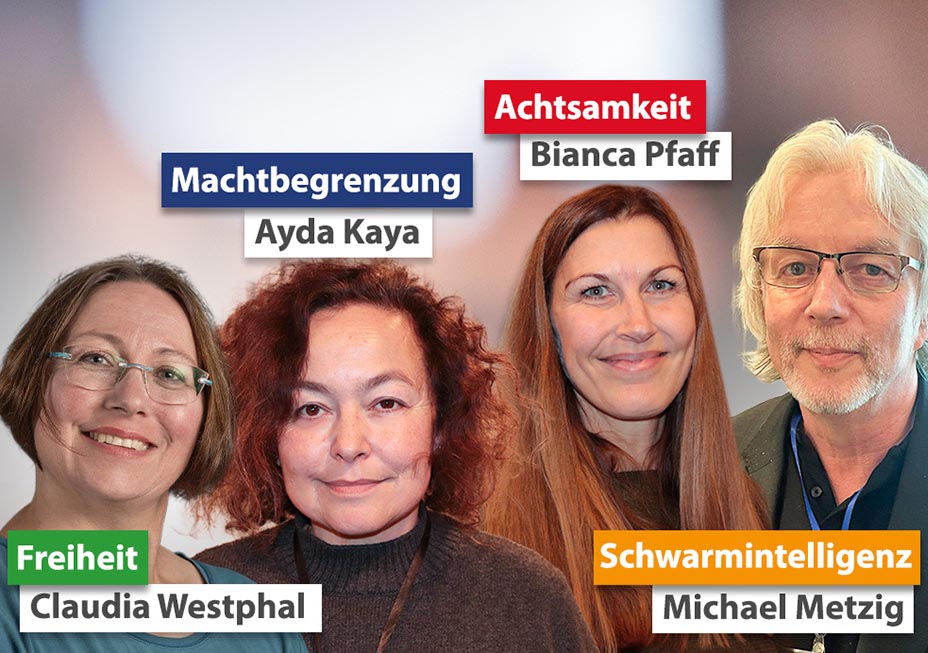 Inhalts-Bild zum Artikel "Basisdemokratische Partei Deutschland: neuer Bundesvorstand" vom 18.11.2025 - Säulenbeauftragte (Claudia Westphal, Ayda Kaya, Bianca Pfaff, Michael Metzig)